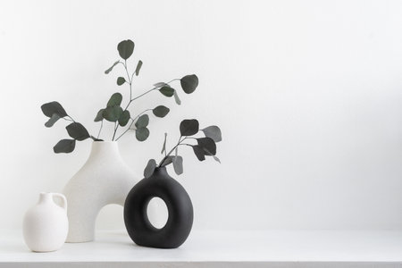 Close up shot of vases in neutral colors hold delicate eucalyptus leaves, arranged on a white wooden shelf or table surface. Still life compositions. Objects showcasing a minimalist aesthetic.の写真素材