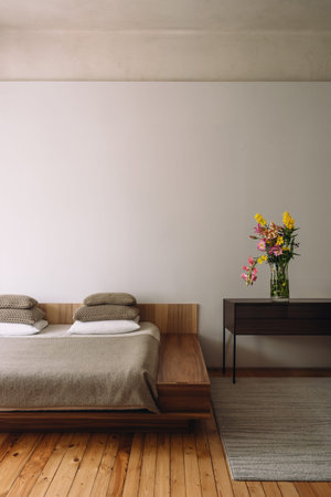 Cozy bedroom interior with pillows and decorative cushions on minimalist wooden bed, near cupboard...