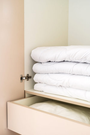 Closet with blanket on shelf. In a spacious guest bedroom, an open wardrobe reveals neatly stacked...