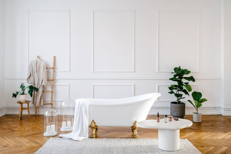 Apartment design, hotel room in resort. Sophisticated bathroom interior showcases a classic white...