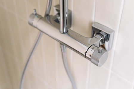 Close up shot of new faucet designed for a shower cabin in a modern apartment bathroom. The minimalist design complements the white tiled walls, creating a clean aesthetic.の写真素材