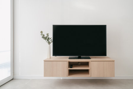 This elegant living room showcases a flat screen LCD television with copy space display mounted above a wooden cabinet. Apartment with modern technology and simple furniture against white wallの写真素材