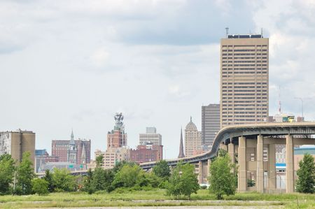 Buffalo New York Skyway bridge leading into downtown Buffalo.の写真素材