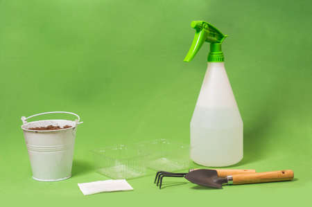 Sprayer and tools for home gardening on green backgroundの写真素材