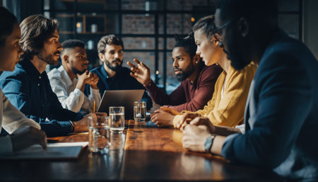 Energetic diverse team collaborates on a successful project in a contemporary office. Inspiring workplace fosters innovation and strategic partnerships.の素材