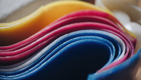 Captivating colorful layered sheets create playful abstract patterns, perfect for eye-catching modern designs and creative backdrops, with a vibrant artistic feeling.の素材