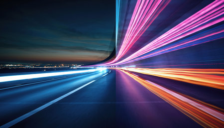 Experience the thrill of speed and innovation with this dynamic long exposure capturing light streaks on a highway leading to a vibrant city at night.の素材