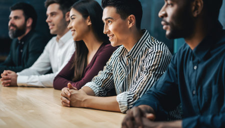 Inspiring diverse team listens attentively, anticipating exciting developments in a modern office setting. Perfect for showcasing collaboration and positive growth.の素材
