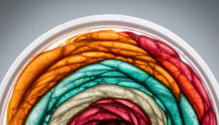 Mesmerizing swirls of rainbow gel create a playful, vibrant abstract pattern perfect for backgrounds, product displays, or adding a modern artistic touch.の素材