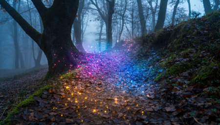 Mystical forest path bathed in magical light invites viewers into a world of fantasy and adventure, perfect for adding wonder to creative projectsの素材