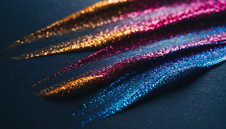 Glamorous glitter swatches in gold, pink, and blue create a vibrant, modern texture perfect for cosmetic promotions, beauty blogs, and festive designs.の素材