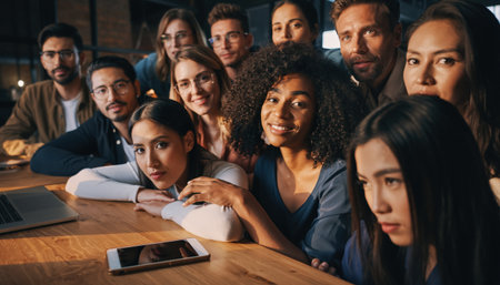 Engage your audience with this diverse, creative team collaborating in a modern office, perfect for showcasing innovation, teamwork, and global partnerships.の素材