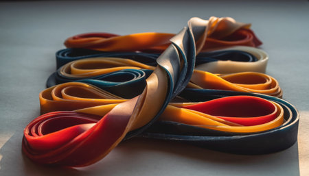 Dynamic patterns emerge as colorful rubber bands intertwine, creating an abstract and vibrant composition ideal for backgrounds or creative projects.の素材