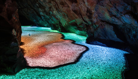 Explore a vibrant crystal cave, glowing with multicolored light. This stunning geological wonder evokes feelings of mystery, adventure, and the beauty of the natural world.の素材
