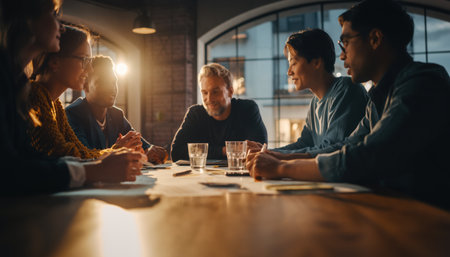 Diverse professionals collaborate in sunlit loft. Spark innovation, drive success. Ideal for corporate communications, teamwork concepts, and strategic planning visuals.の素材