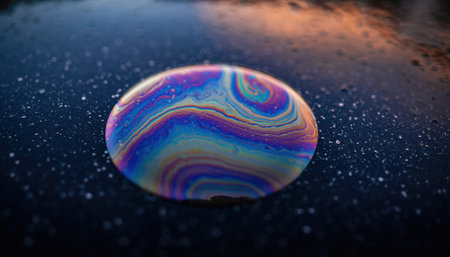 Mesmerizing iridescent soap bubble on a dark surface creates a dynamic, abstract pattern. Use this texture as a futuristic background for modern designs.の素材