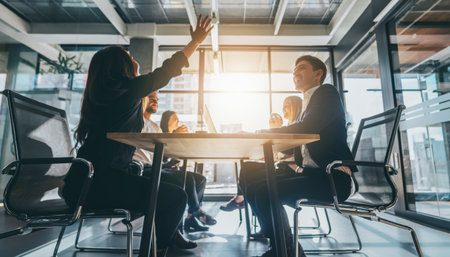 A diverse team collaborates in a modern office, celebrating achievements and fostering success, ideal for showcasing teamwork, innovation, and positive work culture.の素材