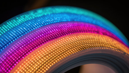 Vibrant LED light strips create stunning, colorful patterns. Perfect for modern interiors, futuristic designs, or creative lighting projects. Energy-efficient illumination.の素材