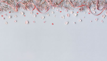 Valentine's day background with pink and white hearts, flowers and ribbon on blue background.の素材