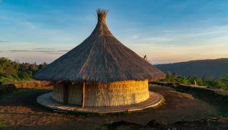 Panorama of a thatched hut at sunset, Bali, Indonesiaの素材