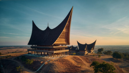 Temple on the hill at sunset, Kanchanaburi, Thailandの素材