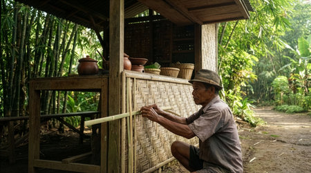 Thai man working in a bamboo hut in Bali, Indonesiaの素材