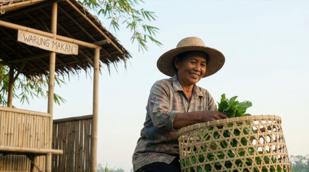 farmer holding a basket full of fresh pepper seedlings.の素材