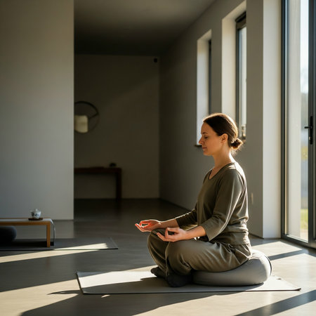 Young woman practicing yoga at home, sitting in lotus pose, meditating.の素材