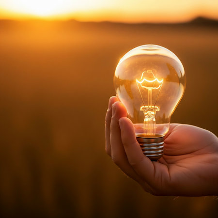 Light bulb in hand on wheat field background. Energy and idea concept.の素材