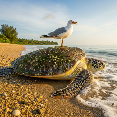 Green sea turtle with seagull on the beach at sunrise.の素材