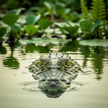 Crocodile in the water with green leaves on the backgroundの素材