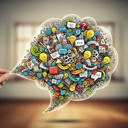 Hand holding speech bubble with social media doodles. 3D renderingの素材