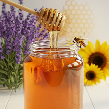 Honey dripping from a wooden honey dipper into a jar with honeycombs, flowers and a bee.の素材