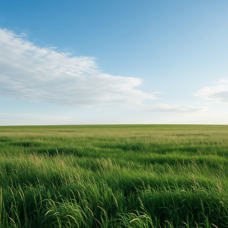 Green grass field and blue sky with clouds. Nature background. Copy space.の素材