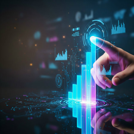 Hand touching digital business interface on dark background. 3D Renderingの素材