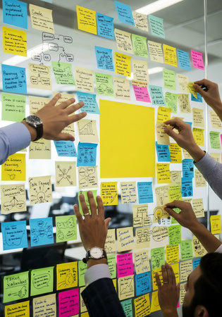 Business people working on whiteboard in office with sticky notes on itの素材