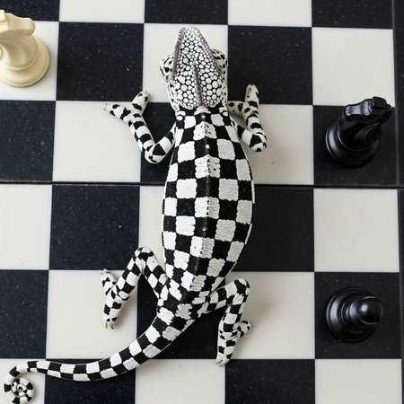 Lizard on a chessboard next to chess piecesの素材