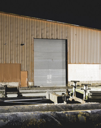 Industrial building at night with metal door and pipes, stock photoの写真素材
