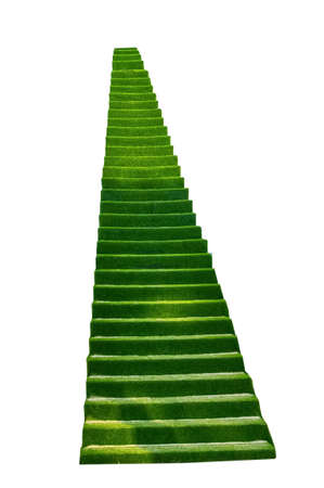 green staircase to the sky, scenery, photozone on the beach, amid environmental disaster on Phu Quoc in Vietnam. Garbage dump on Bai sao beach with white sand on the coastline. Pollution on the beach of tropical sea.  Isolated on white backgroundの写真素材