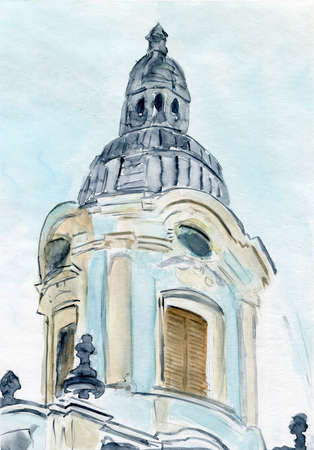 Watercolor City Hall in the old town. Chernivtsi, Ukraineの写真素材
