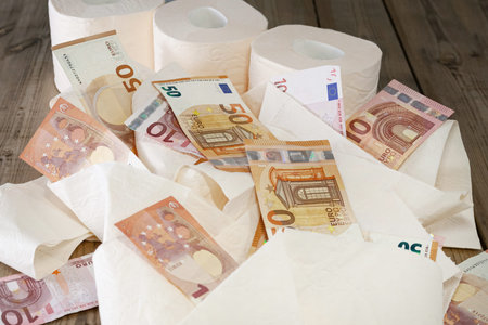 sheets and roll of toilet paper, euro money, on wooden background. concept