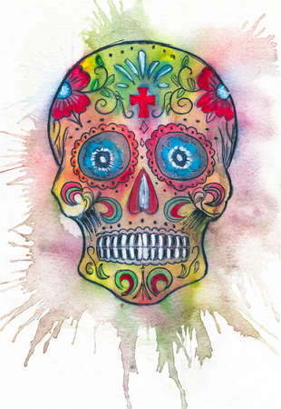 Watercolor illustration of Day of the Dead sugar skullの写真素材