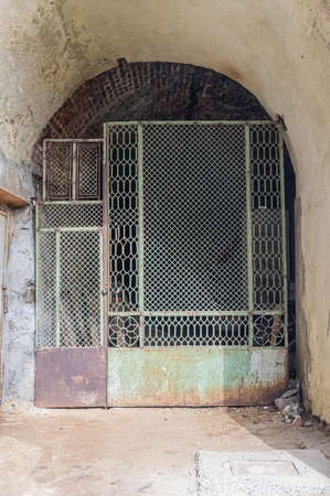 old metal gate with peeling paintin the arch. collected from different fragmentsの写真素材