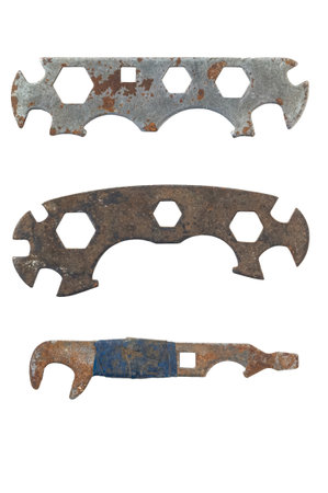 old rusty bicycle universal wrenches. set spanners isolated on white background.の写真素材