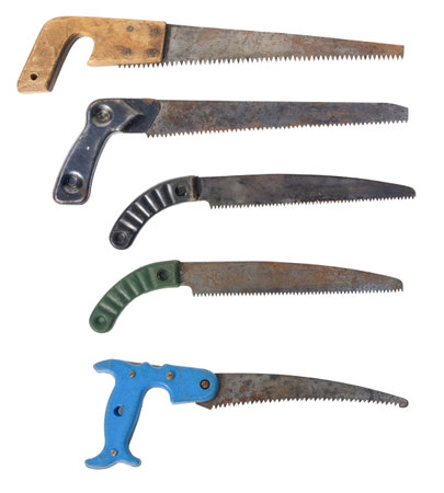 set of old vintage garden hand pruning saws. Tree saw designed for single-hand use, isolated on white backgroundの写真素材