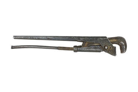 old used pipe wrench. gas wrench isolated on white backgroundの写真素材