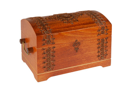 Wooden Chest Handmade Floral Jewelry. isolated on white backgroundの写真素材