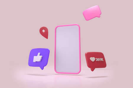 Social media icons, mobile phone render, 3D render, alpha channel isolatedの写真素材