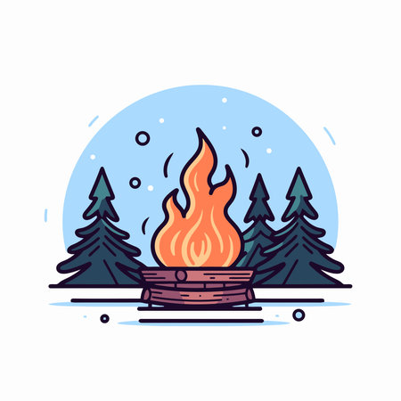 Camping bonfire in the forest. Vector illustration in flat styleのイラスト素材