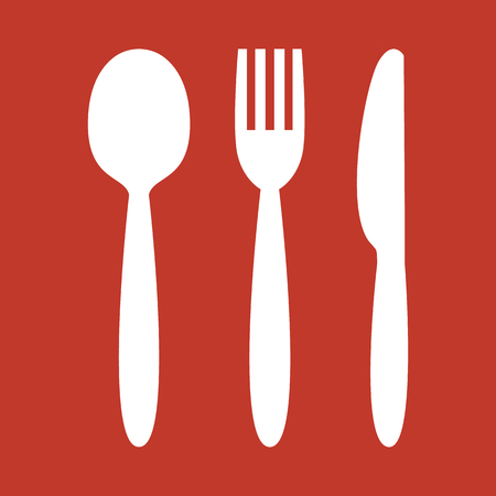Knife, fork and spoon on red background. Vector illustrationのイラスト素材